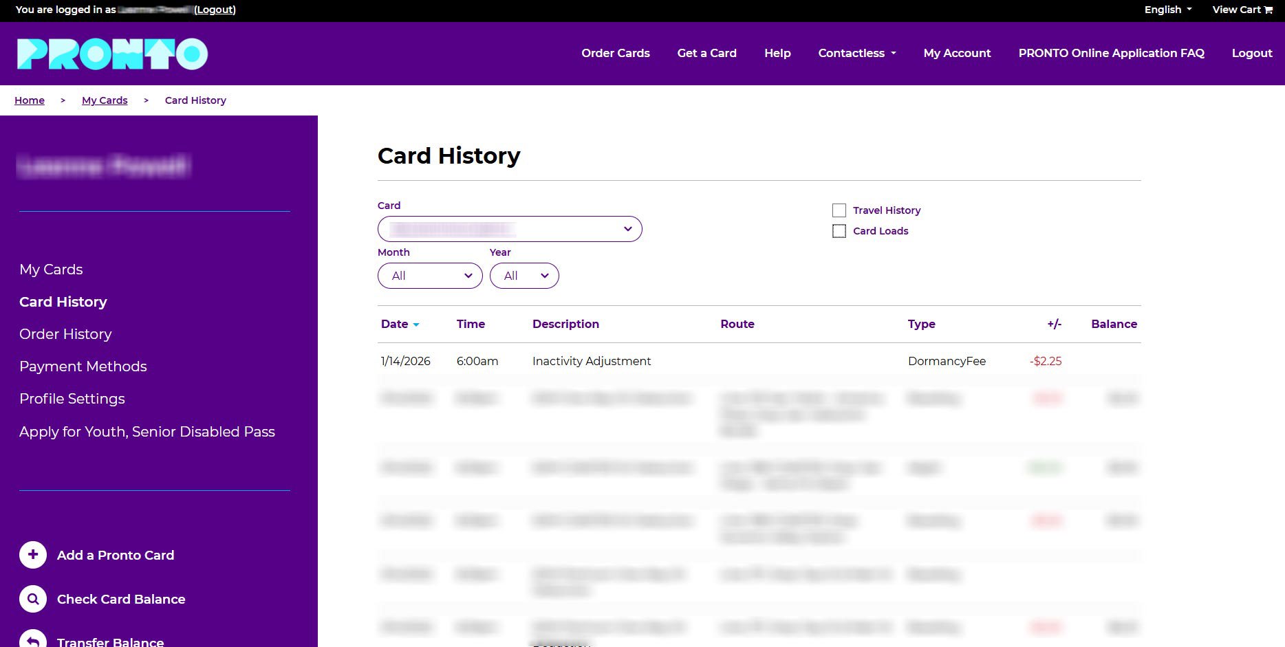 Inactive Card History